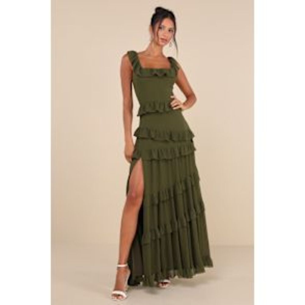 Lulu's Olive Green Ruffle Maxi Dress